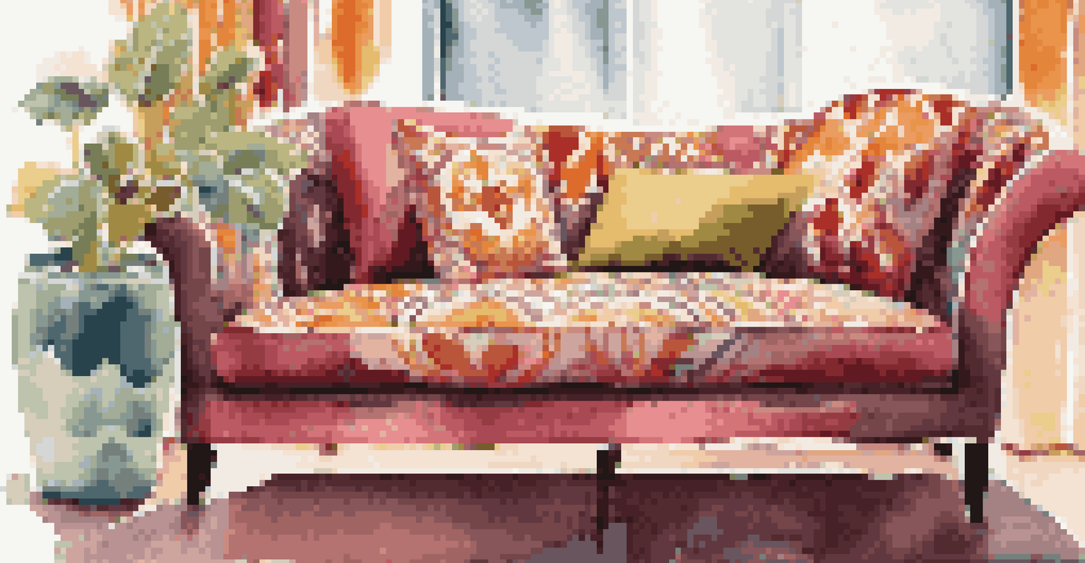 A close-up of a vibrant upholstered sofa in organic cotton with a handcrafted side table and a potted plant, illuminated by natural light.