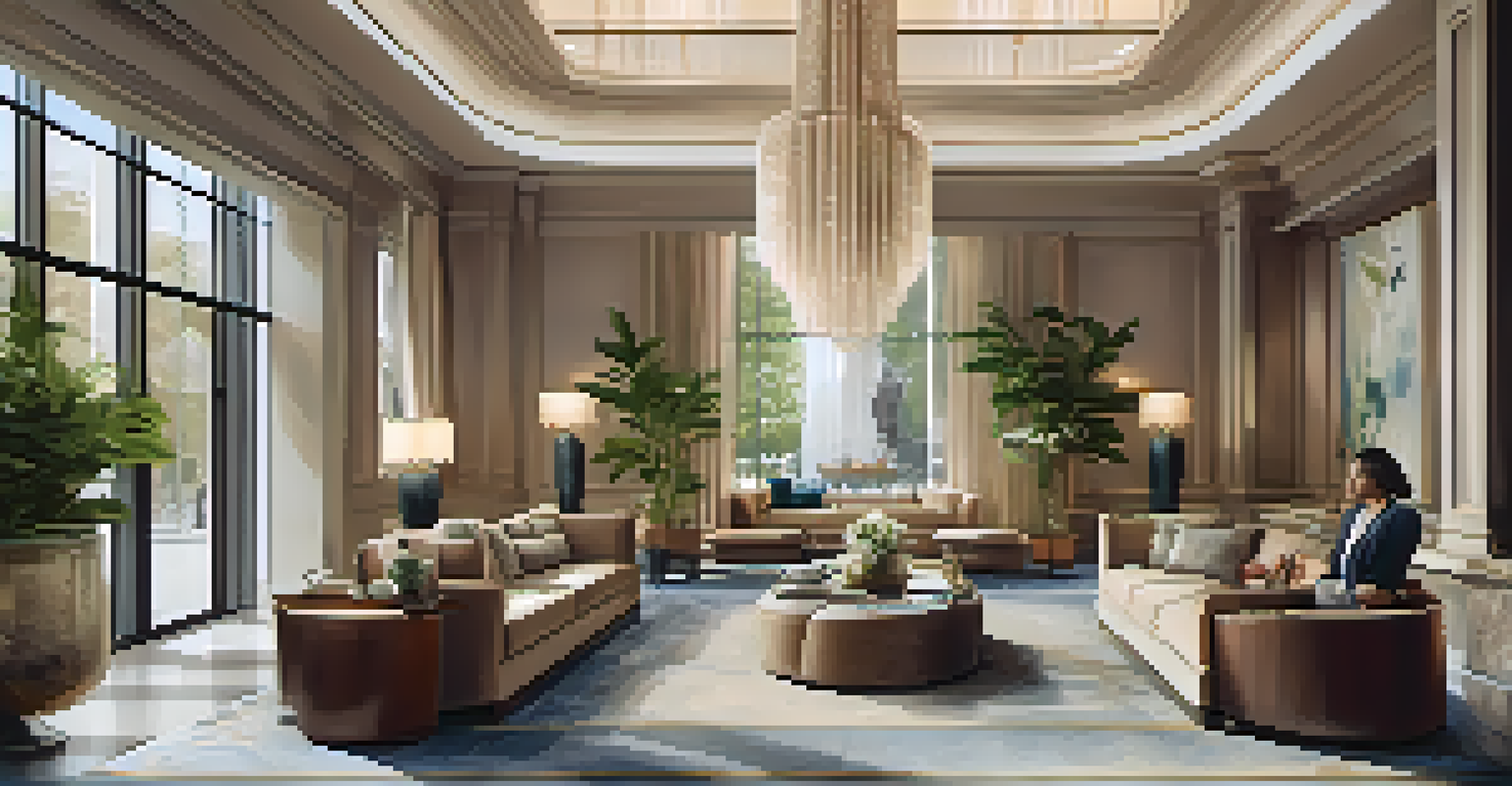 A luxurious hotel lobby with plush seating, art decor, and natural light pouring in, creating a welcoming ambiance.
