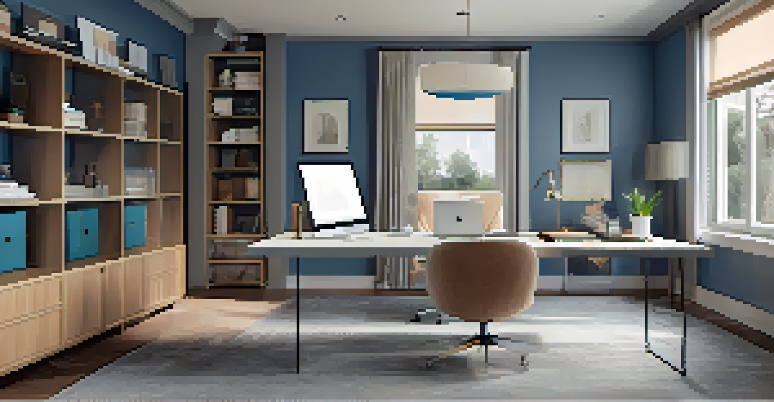 A multifunctional home office with designated work zones, including a desk, brainstorming area, and meeting spot, decorated in soft blues and warm neutrals.