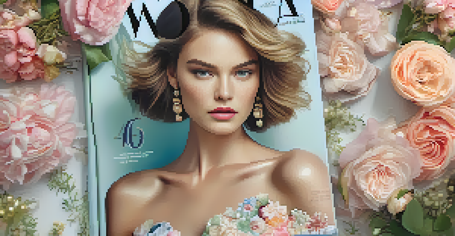 A close-up of a luxury magazine cover with a high-fashion model and delicate flowers.