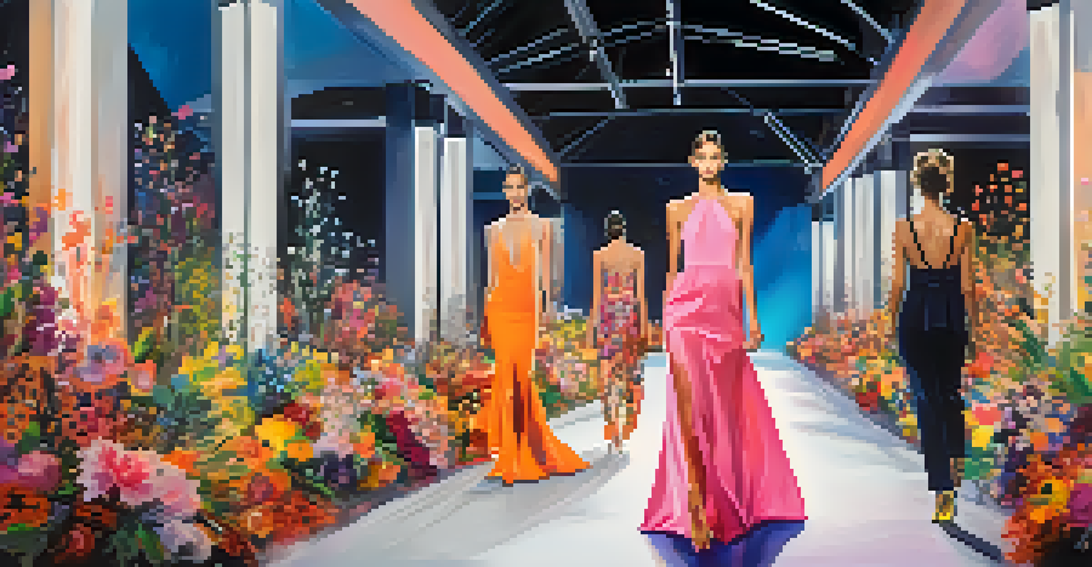 A lively fashion show with models on the runway and an engaged audience in the background, adorned with colorful designs and bright lights.