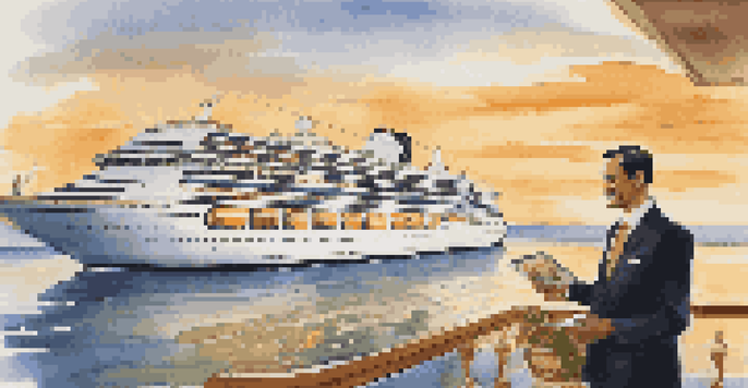 A luxurious cruise ship at sunset with a concierge on the deck, surrounded by lounge chairs and plants.