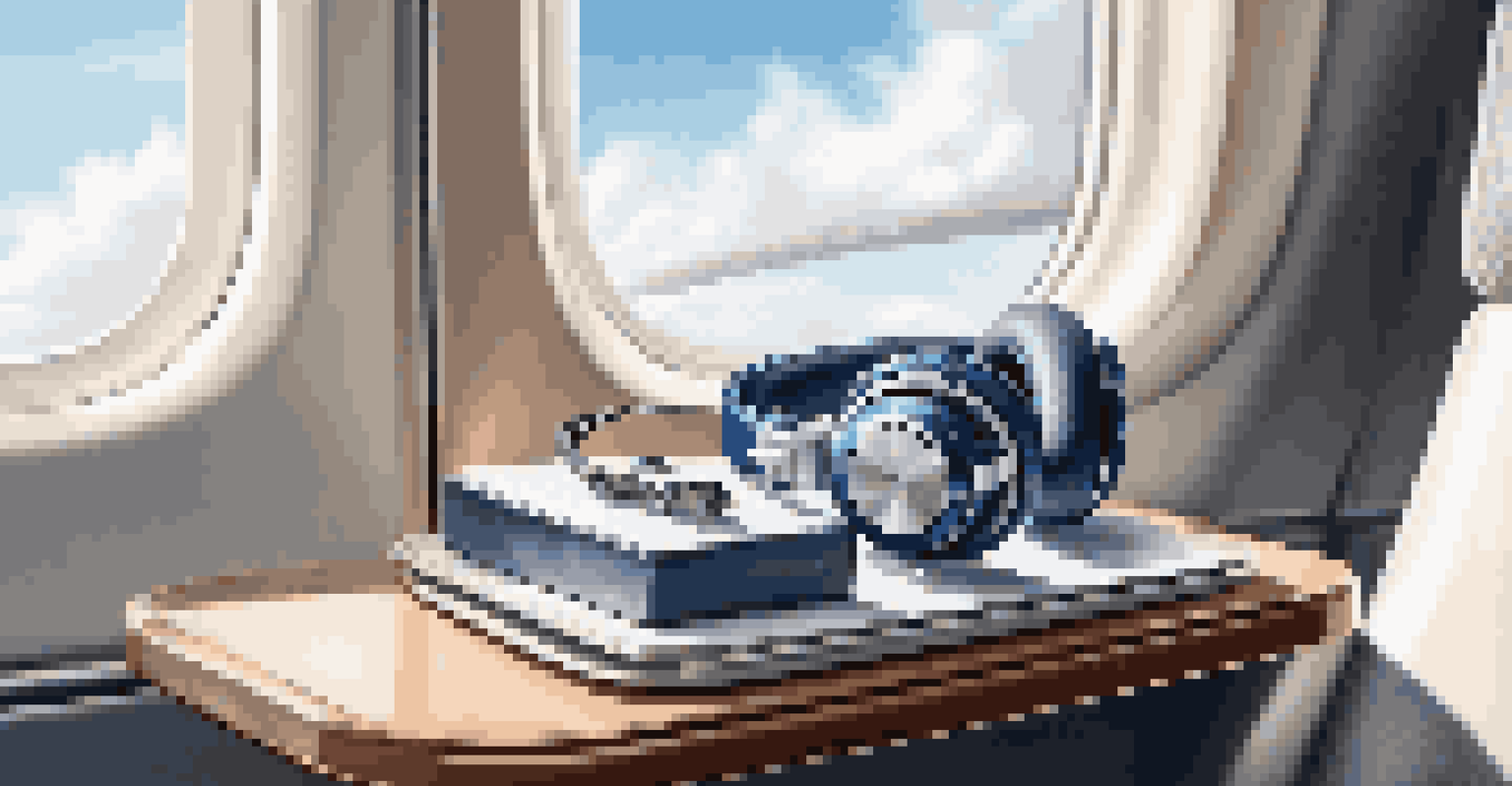 Luxurious noise-canceling headphones on a modern airplane tray table, with a view of a bright blue sky and clouds in the background.