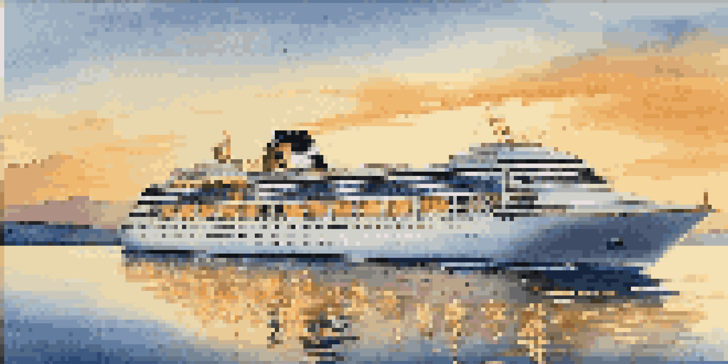 A beautiful luxury cruise ship on calm waters during sunset, with guests enjoying the view on the deck.