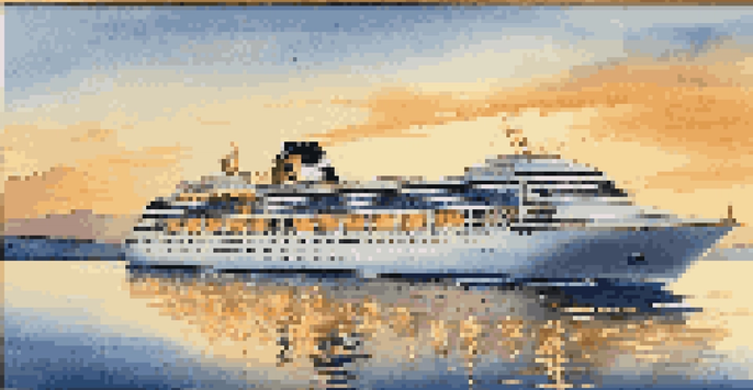 A beautiful luxury cruise ship on calm waters during sunset, with guests enjoying the view on the deck.