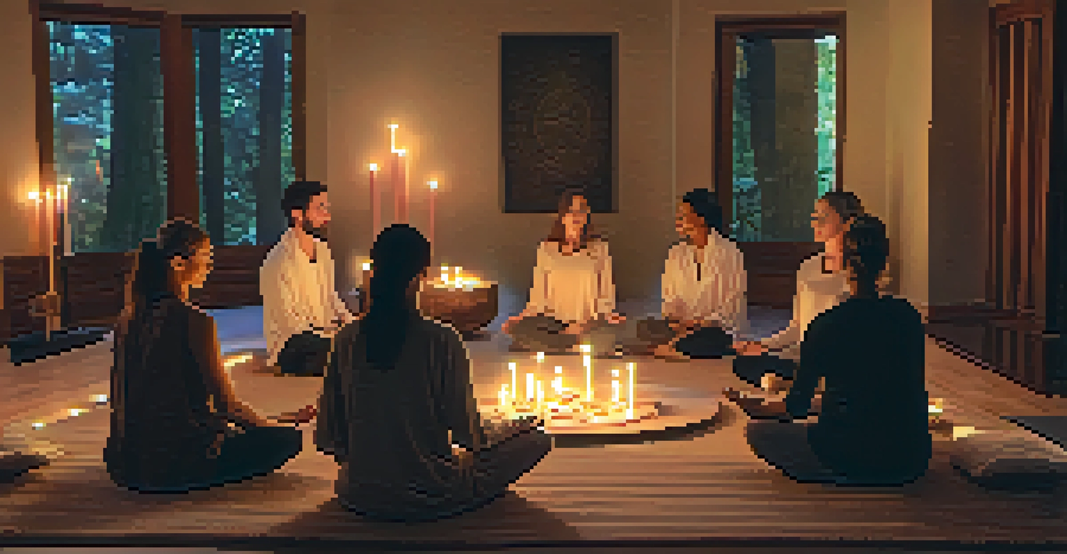 A group of individuals sitting on cushions in a softly lit room, engaged in a mindfulness meditation session surrounded by candles.
