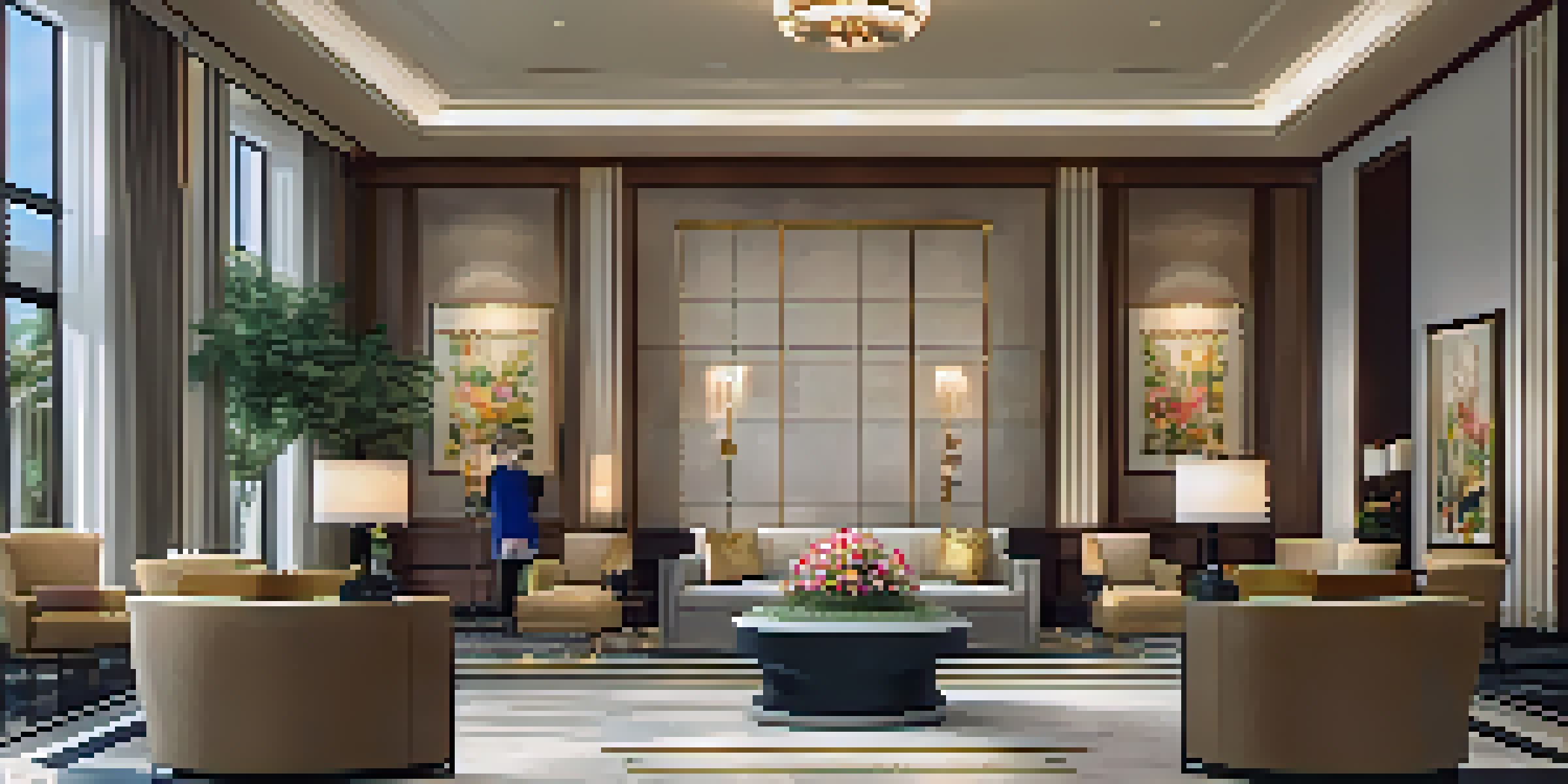 A luxurious hotel lobby featuring elegant decor, plush seating, and a warm reception.