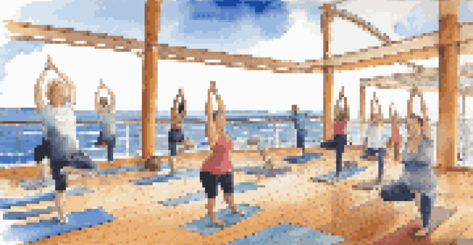 A yoga class on a cruise ship deck with participants practicing poses against a beautiful ocean backdrop.