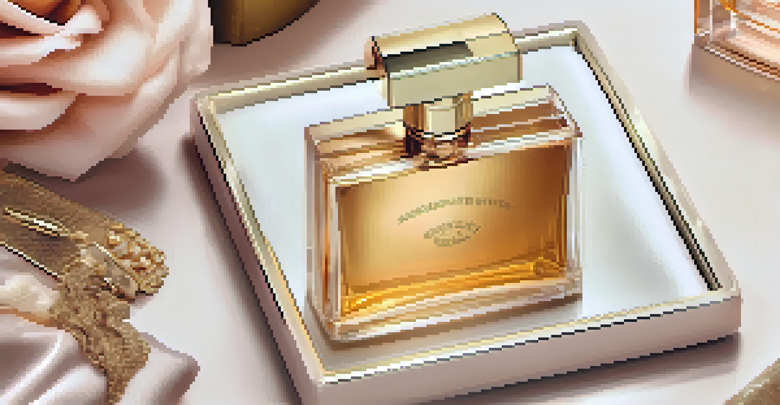 A close-up of a personalized fragrance quiz on a smartphone, surrounded by luxurious perfume bottles.