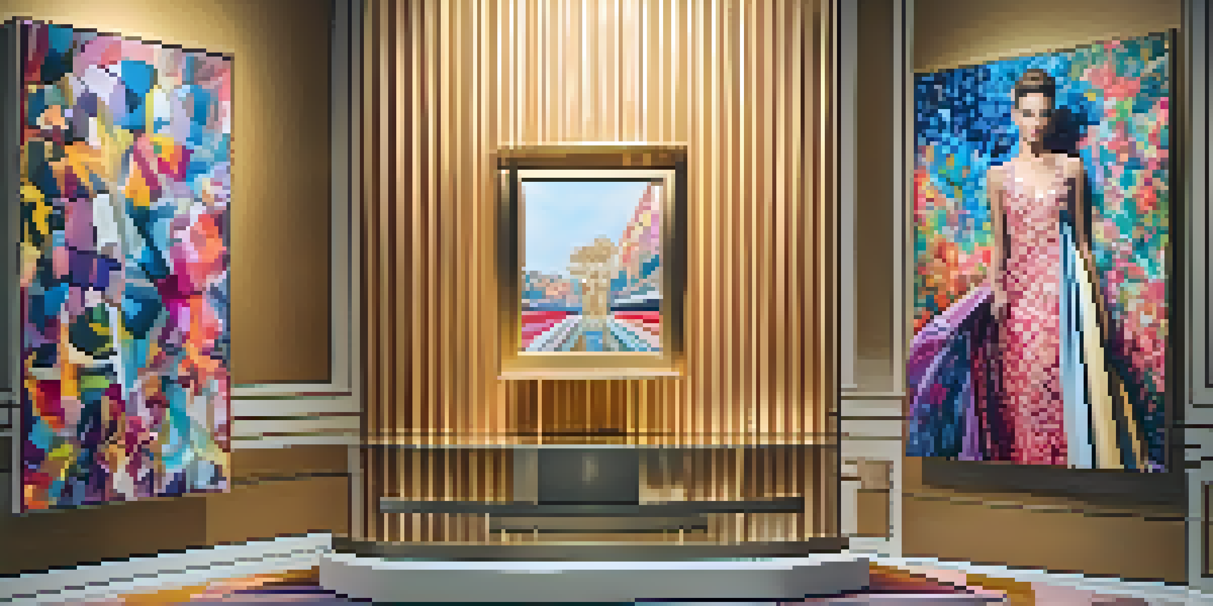 A luxurious fashion piece on a pedestal with vibrant contemporary artwork in the background, illuminated by soft lighting.