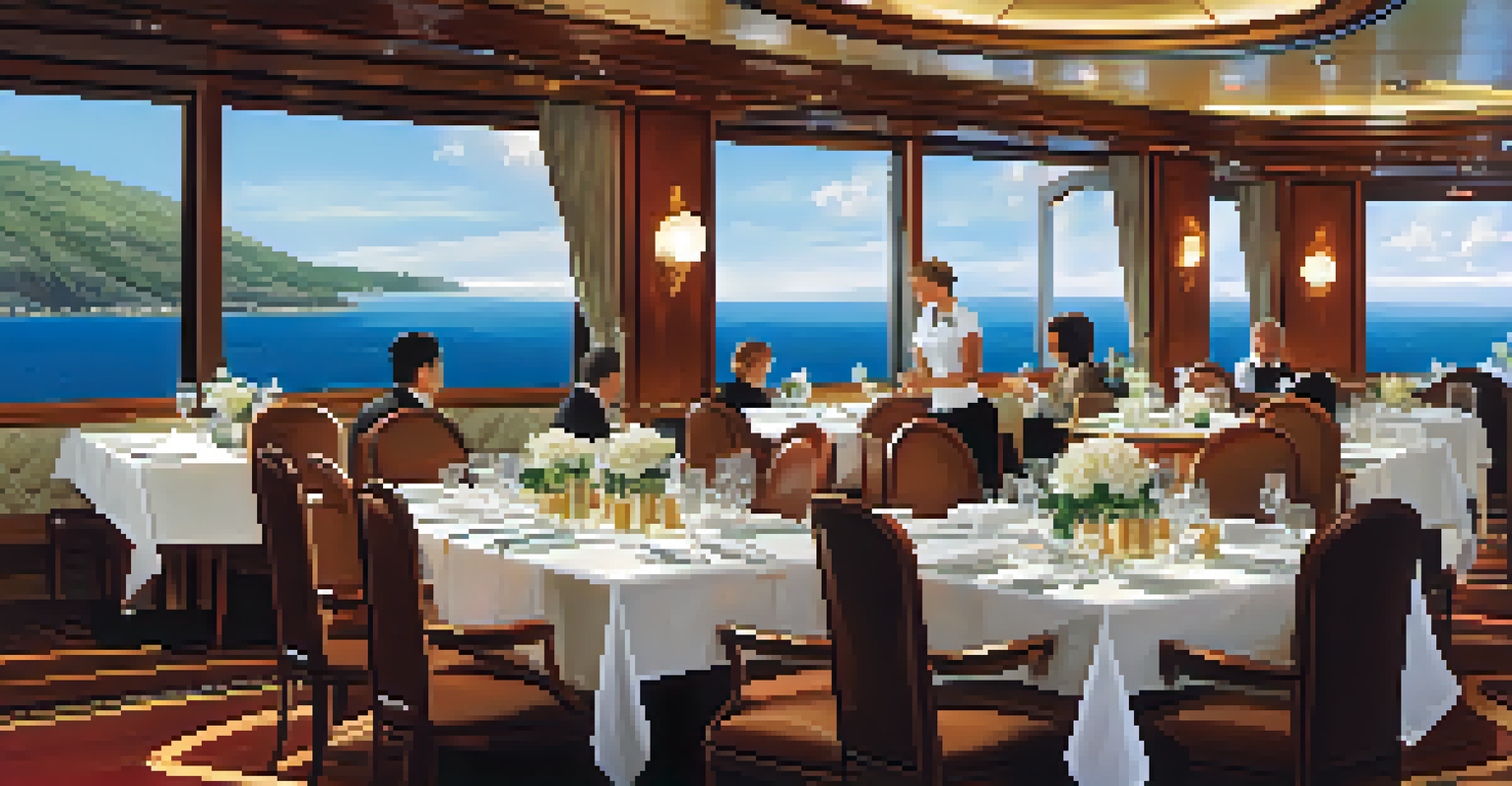 A luxurious dining experience on a cruise ship with a table set for fine dining and ocean views.