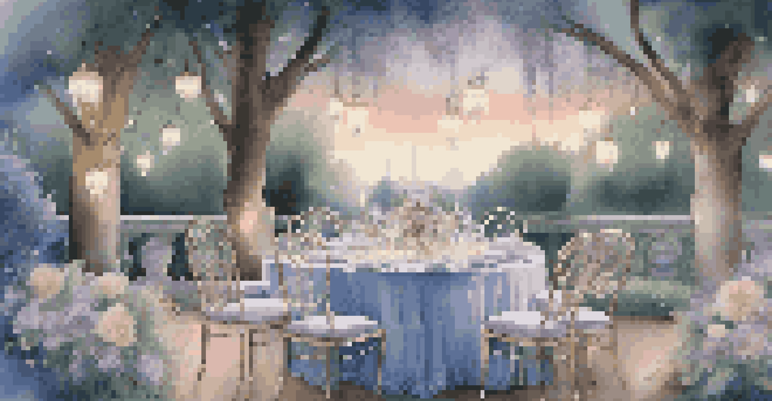 An elegantly set private dining table in a garden, adorned with fine china and fairy lights.