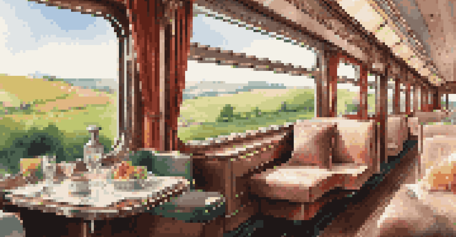 A luxury train passing through beautiful countryside, showcasing panoramic views.