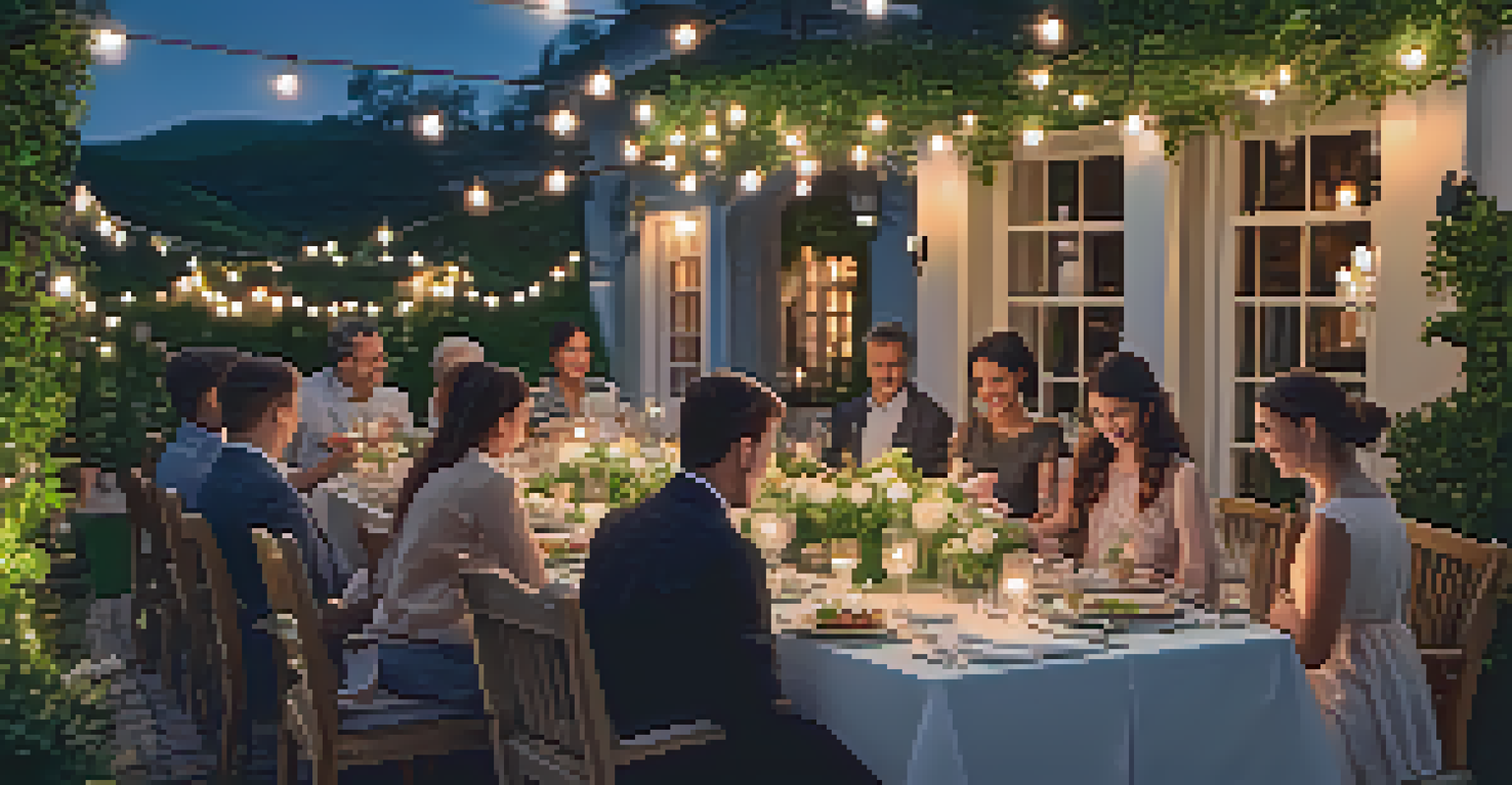 A family enjoying dinner outdoors under fairy lights, with an elegantly set table and a lush green background.