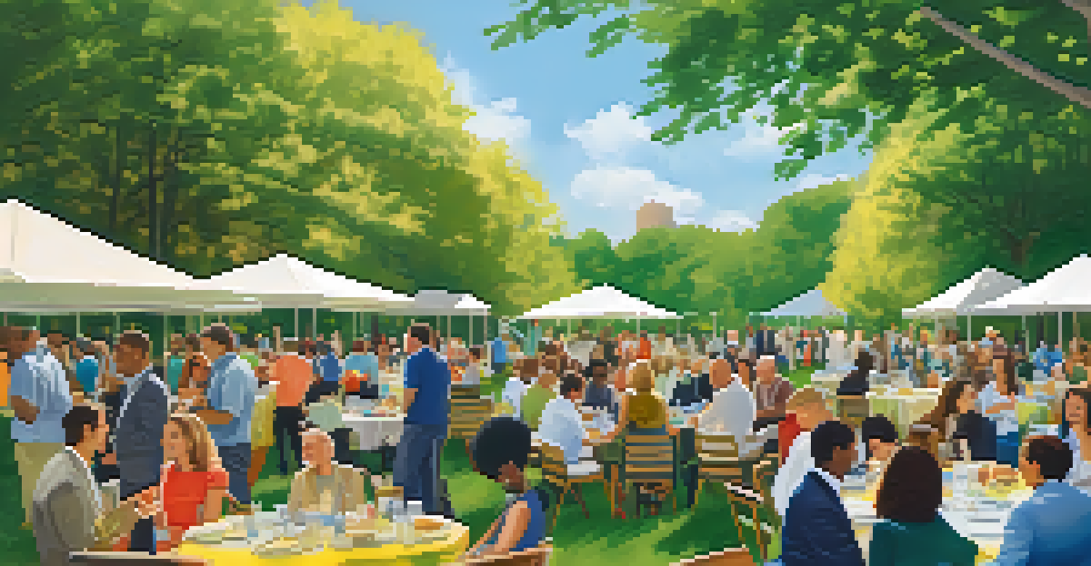 A lively outdoor networking event in a park with professionals engaging in conversation, surrounded by greenery.