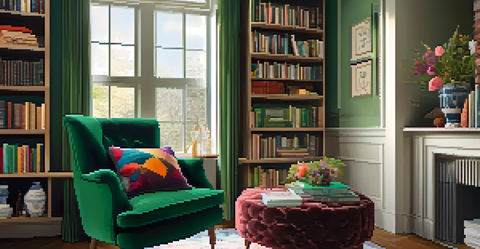 A cozy reading nook with a velvet armchair, colorful cushions, and a wooden side table with books and flowers, illuminated by soft natural light.