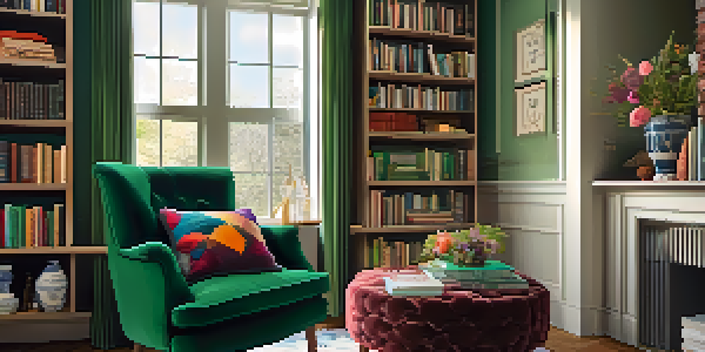 A cozy reading nook with a velvet armchair, colorful cushions, and a wooden side table with books and flowers, illuminated by soft natural light.