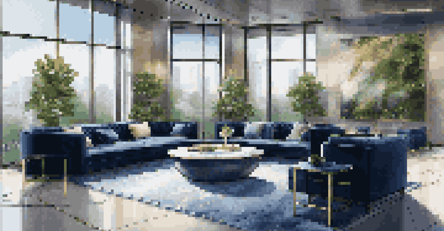 A luxurious office lounge with velvet sofas, marble tables, and a view of a rooftop garden, providing a serene atmosphere.