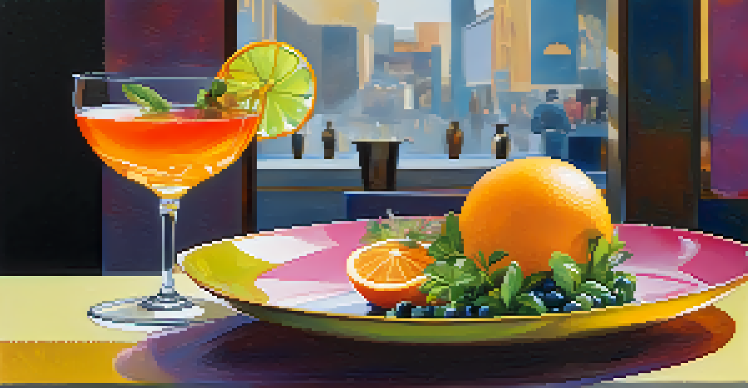 A gourmet dish and a matching cocktail on a stylish dining table, showcasing seasonal ingredients and colorful presentation.