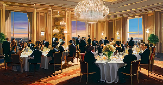 A luxurious hotel ballroom filled with well-dressed people networking under chandeliers, with a sunset city skyline visible through large windows.