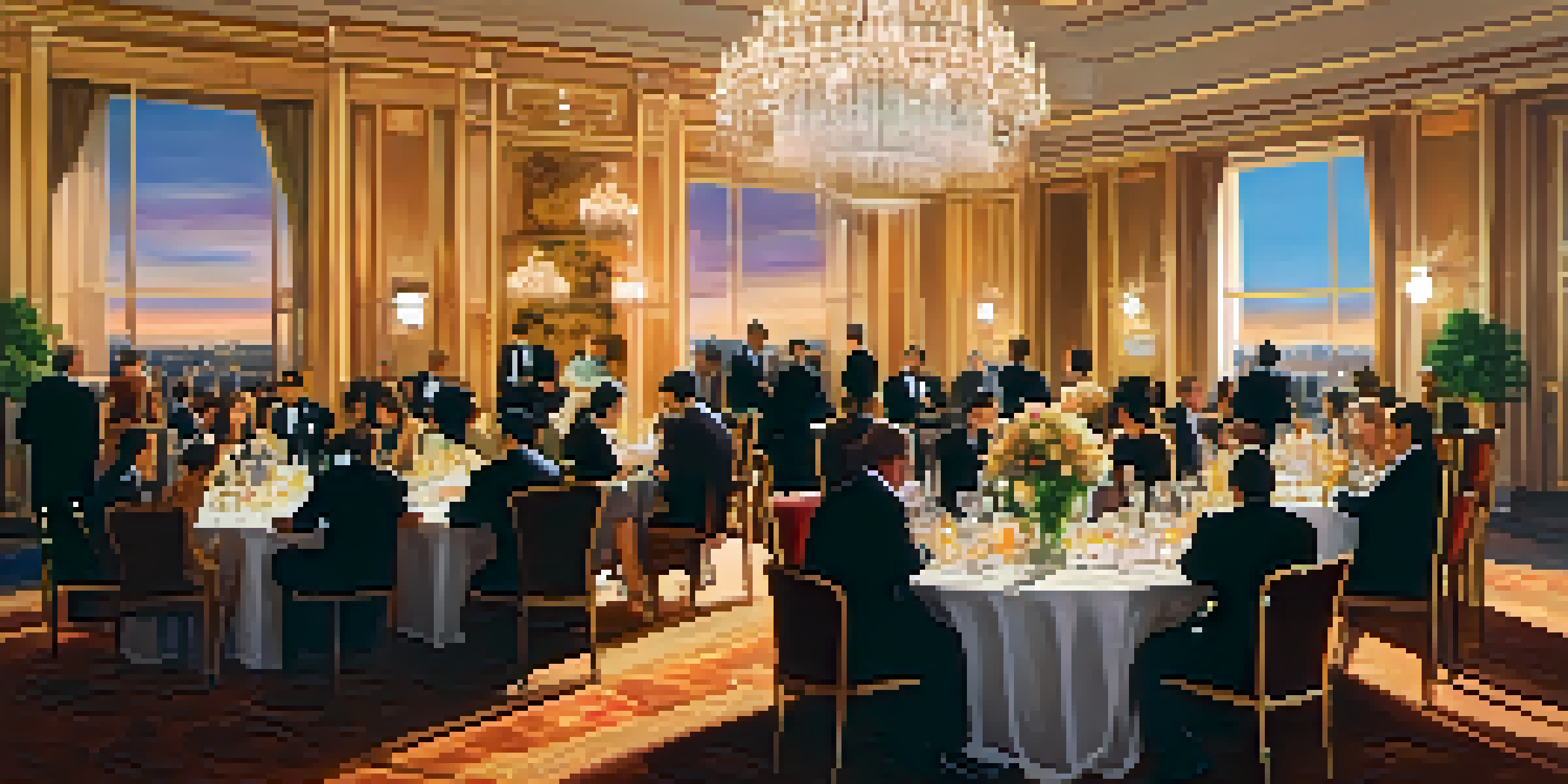 A luxurious hotel ballroom filled with well-dressed people networking under chandeliers, with a sunset city skyline visible through large windows.