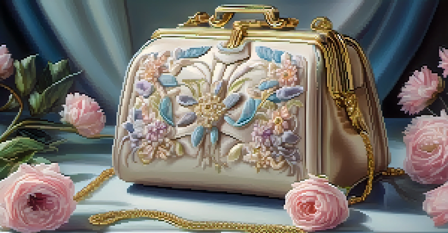 A close-up view of an exclusive leather handbag on a velvet surface, surrounded by delicate flowers.