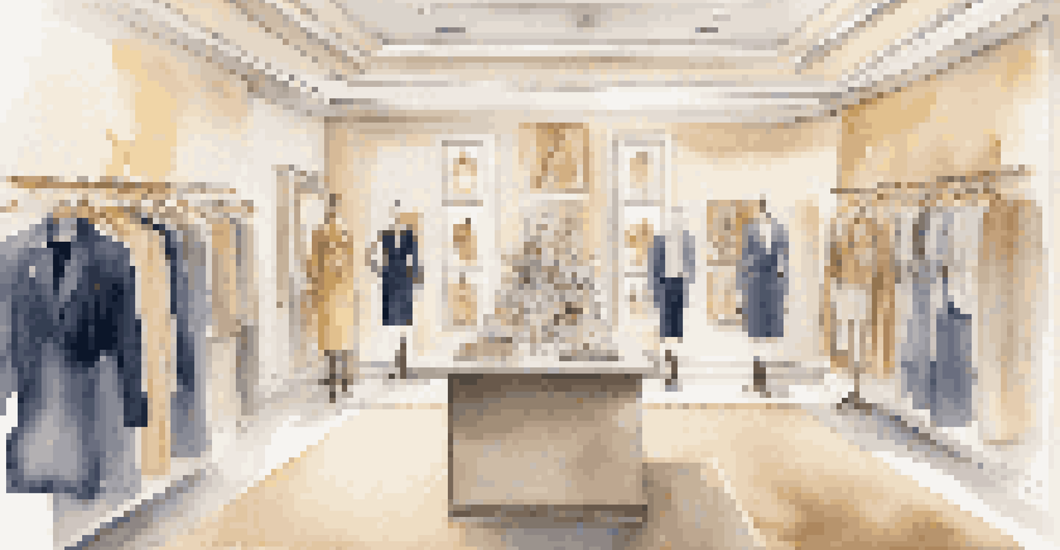 The interior of a luxury fashion boutique featuring stylish clothing and inspirational quotes about mental health.