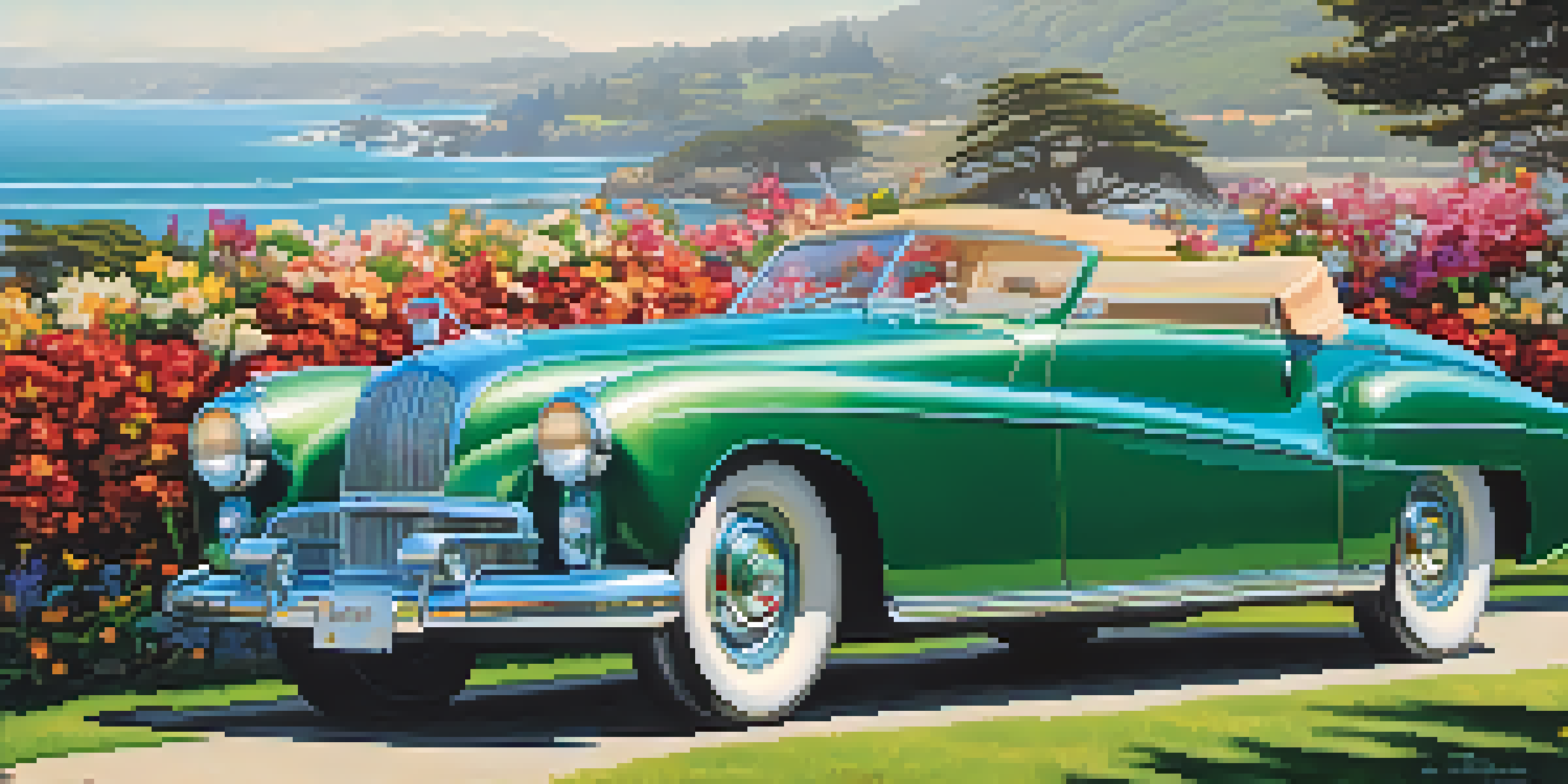 A classic car showcased at a luxury car show by the Pacific Ocean, with people admiring it in elegant outfits.