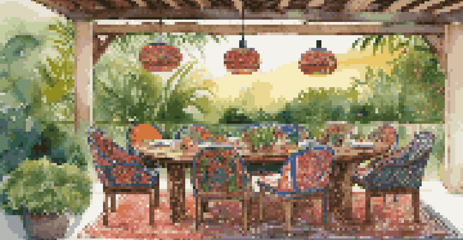 An outdoor dining area with a sustainable wooden table and colorful chairs adorned with African textiles, illuminated by fairy lights.