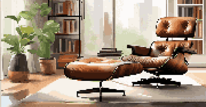 A stylish Eames Lounge Chair in a modern living room with a bookshelf and plants, bathed in natural light.