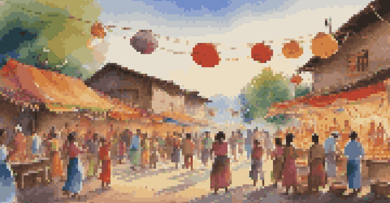 Families participating in a local festival, with colorful decorations and children engaged in traditional games and crafts.