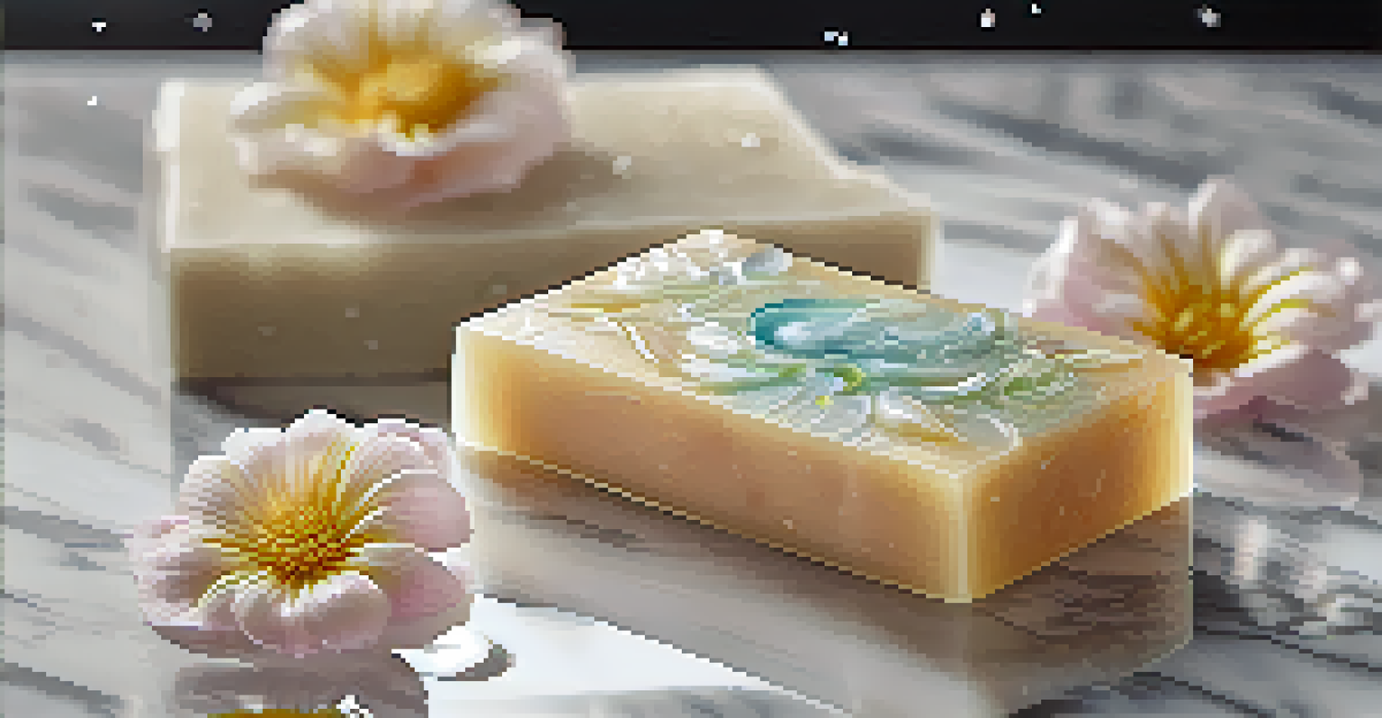A close-up of a beautifully designed luxury soap bar with floral details on a marble surface, with glistening water droplets.
