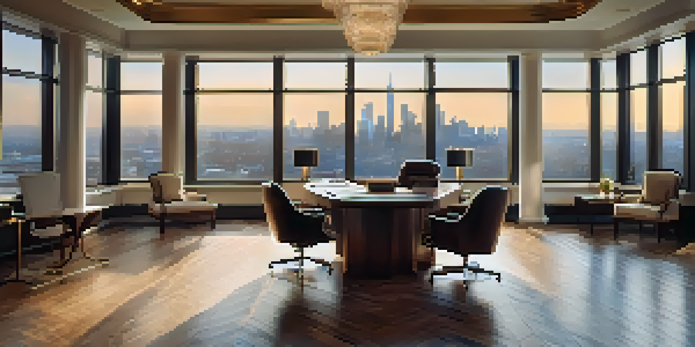 A luxurious office featuring a wooden desk, leather chairs, and a city skyline view, with elegant decor and warm lighting.