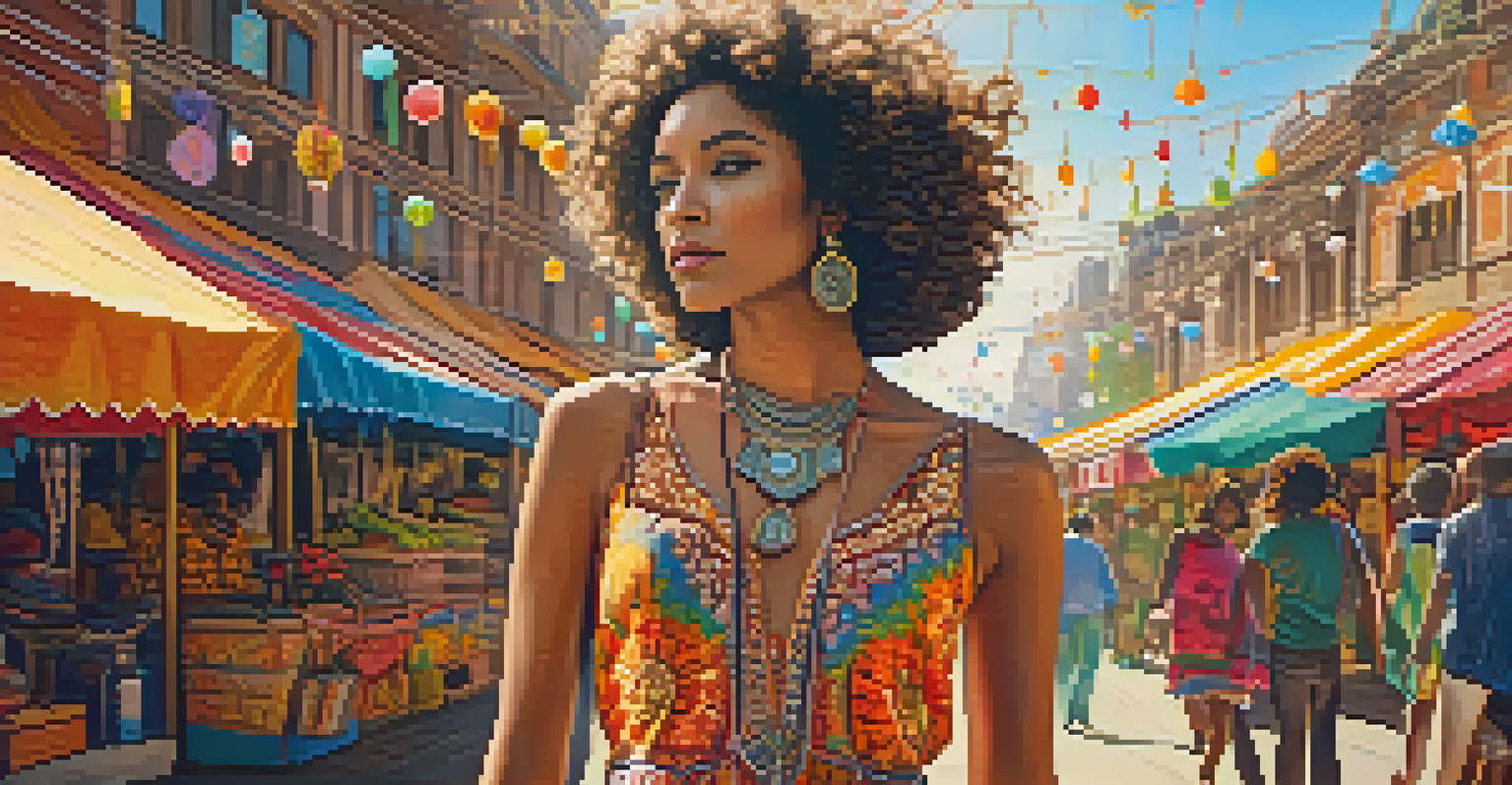 A model in a colorful 1970s bohemian dress, posed in a lively street market with eclectic decorations and warm sunlight.