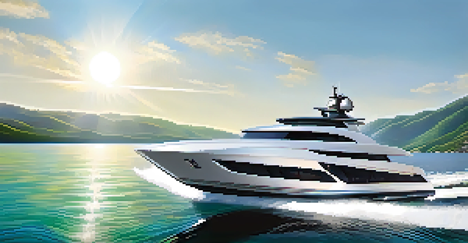 An electric luxury yacht sailing on calm waters with green hills in the background, showcasing its sleek design and solar panels.