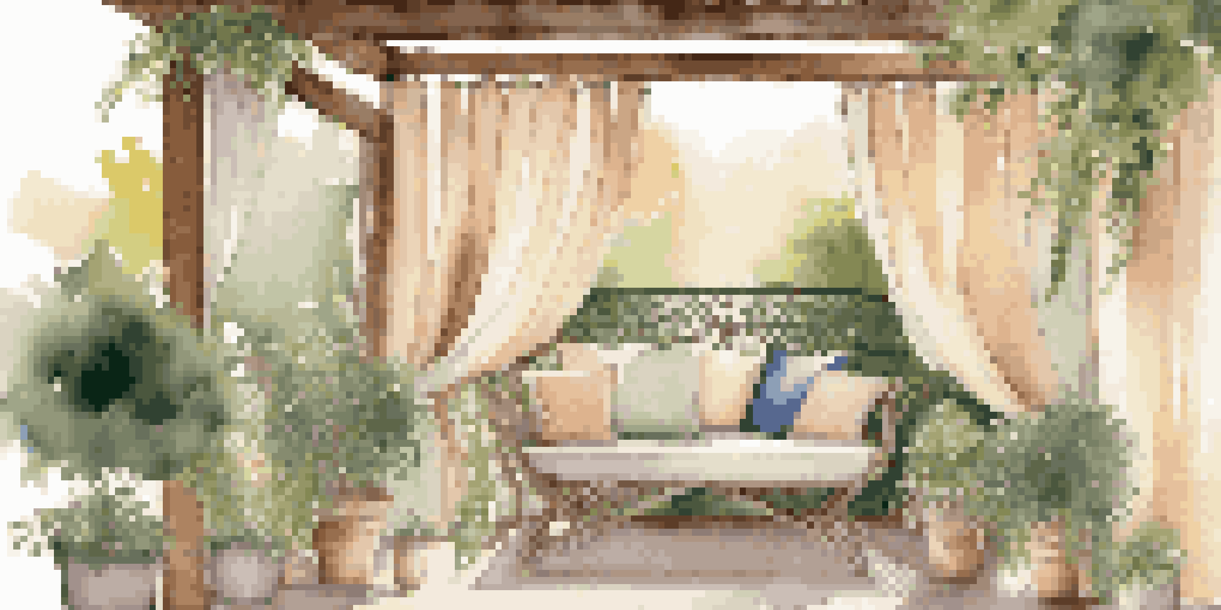 A cozy outdoor patio with beige curtains, colorful cushions, green plants, and string lights, creating a serene atmosphere at sunset.