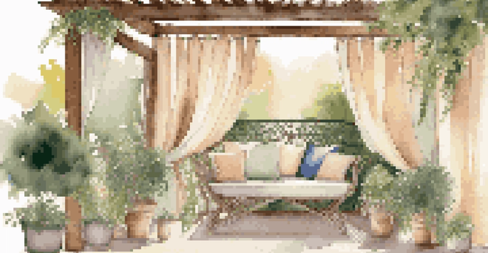 A cozy outdoor patio with beige curtains, colorful cushions, green plants, and string lights, creating a serene atmosphere at sunset.