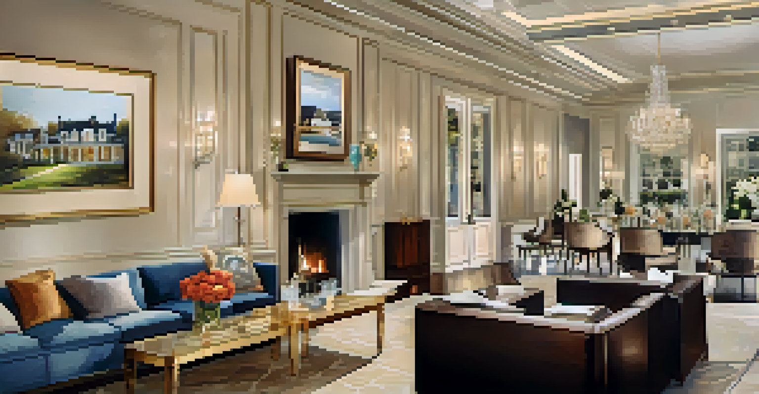A close-up of a luxury auction catalog featuring images of a stunning property, set against a soft-focus event space background.