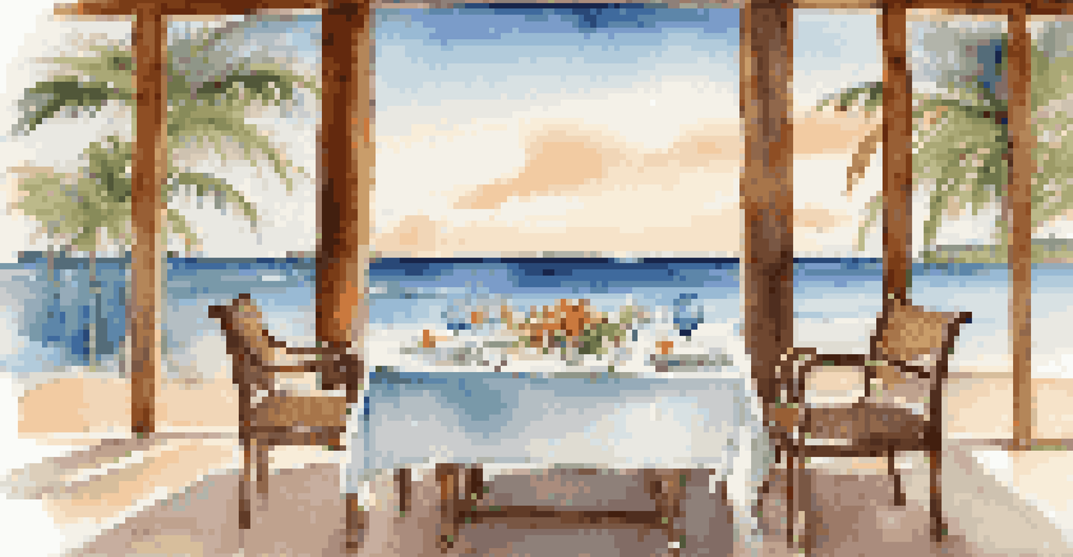 A romantic dining setup on the beach in Anguilla with a beautifully set table for two, surrounded by tropical flowers and ocean waves.