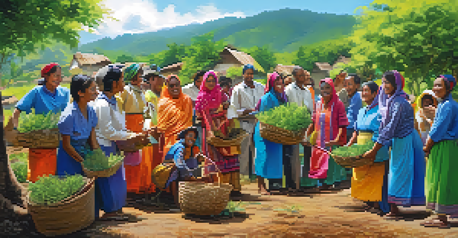 Travelers planting trees in a village, interacting with locals in a vibrant and engaging setting.