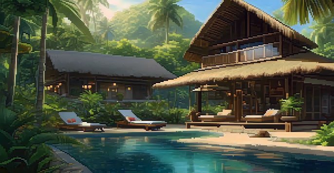 An eco-friendly resort with local artisans selling crafts, surrounded by greenery and warm sunlight.