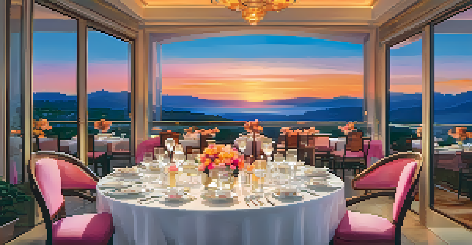 An outdoor dining area at a hotel with a sunset view, featuring an elegantly set table and happy guests.