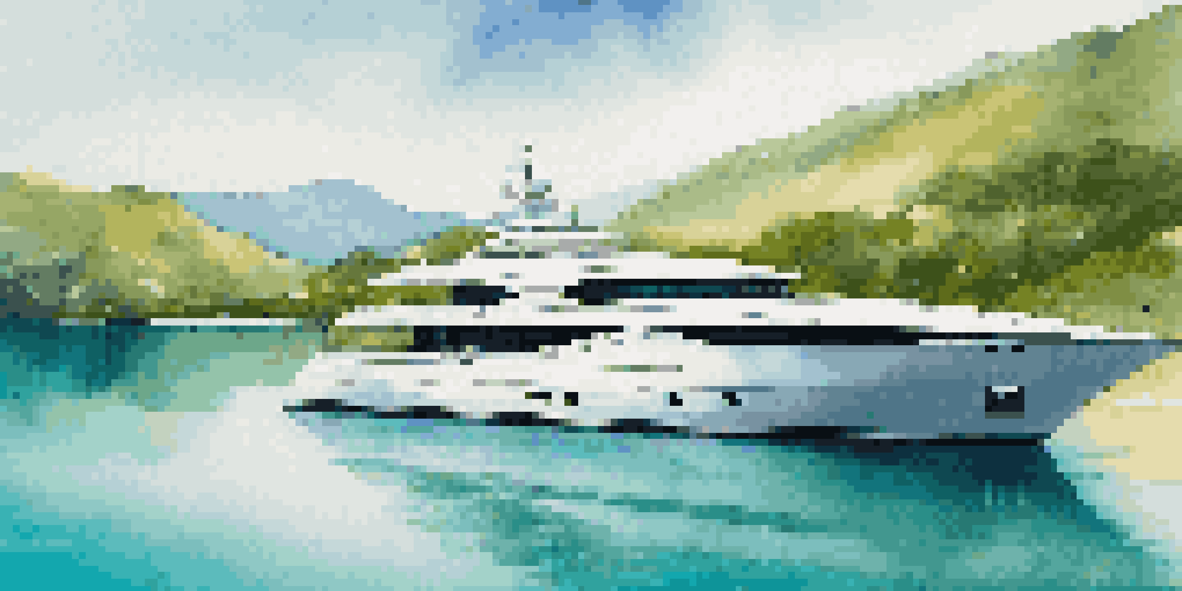 A luxurious yacht docked in a clear blue bay with green hills in the background, showcasing its modern design and solar panels.