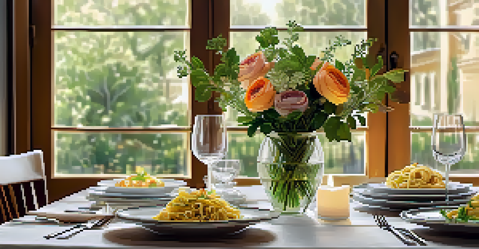 A beautifully arranged dining table with gourmet pasta, fresh flowers, and candlelight, creating a warm dining atmosphere.