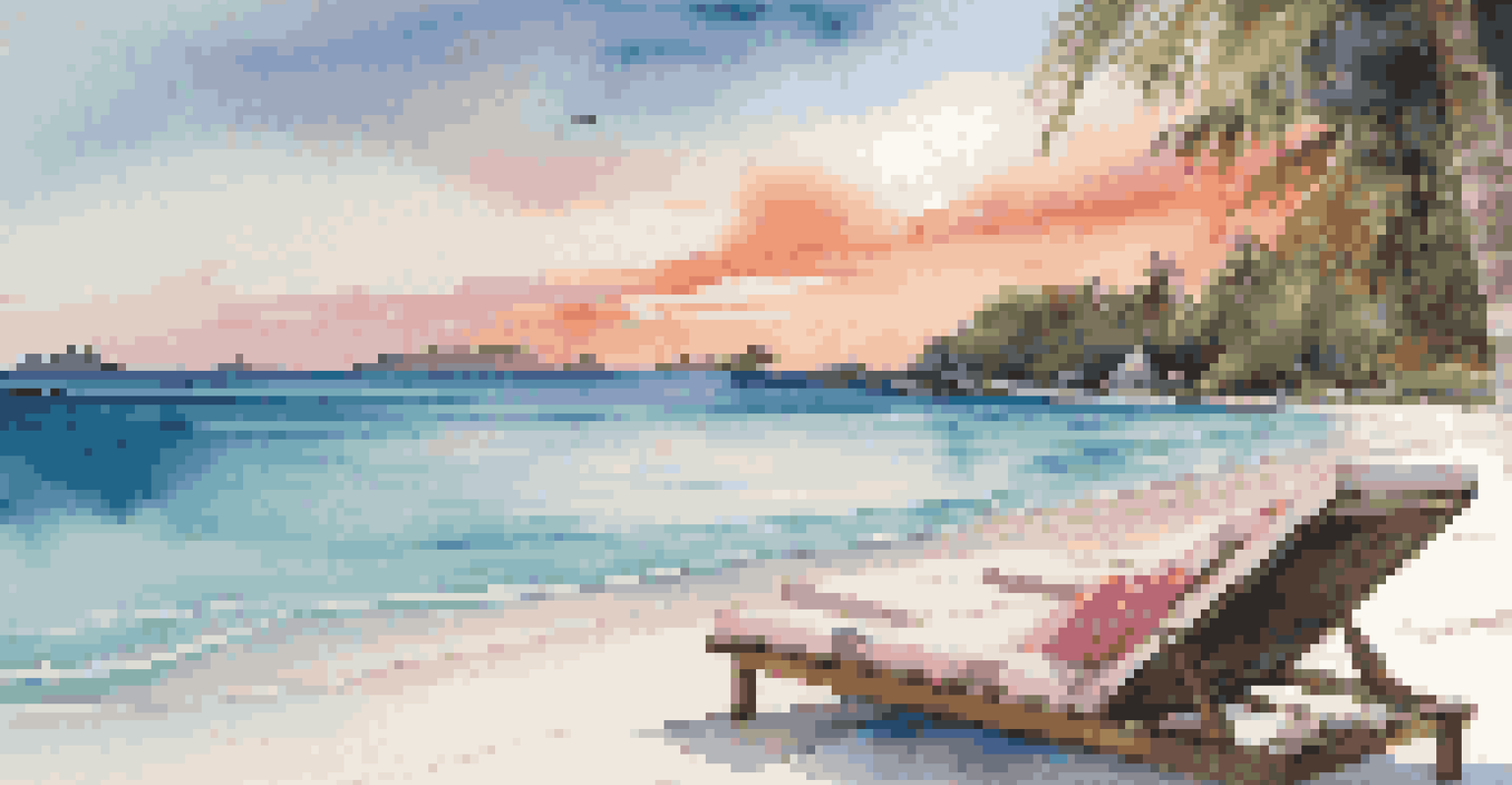 A tranquil beach in the Seychelles with white sand and granite boulders, showing a couple under a palm tree enjoying cocktails as the sun sets.