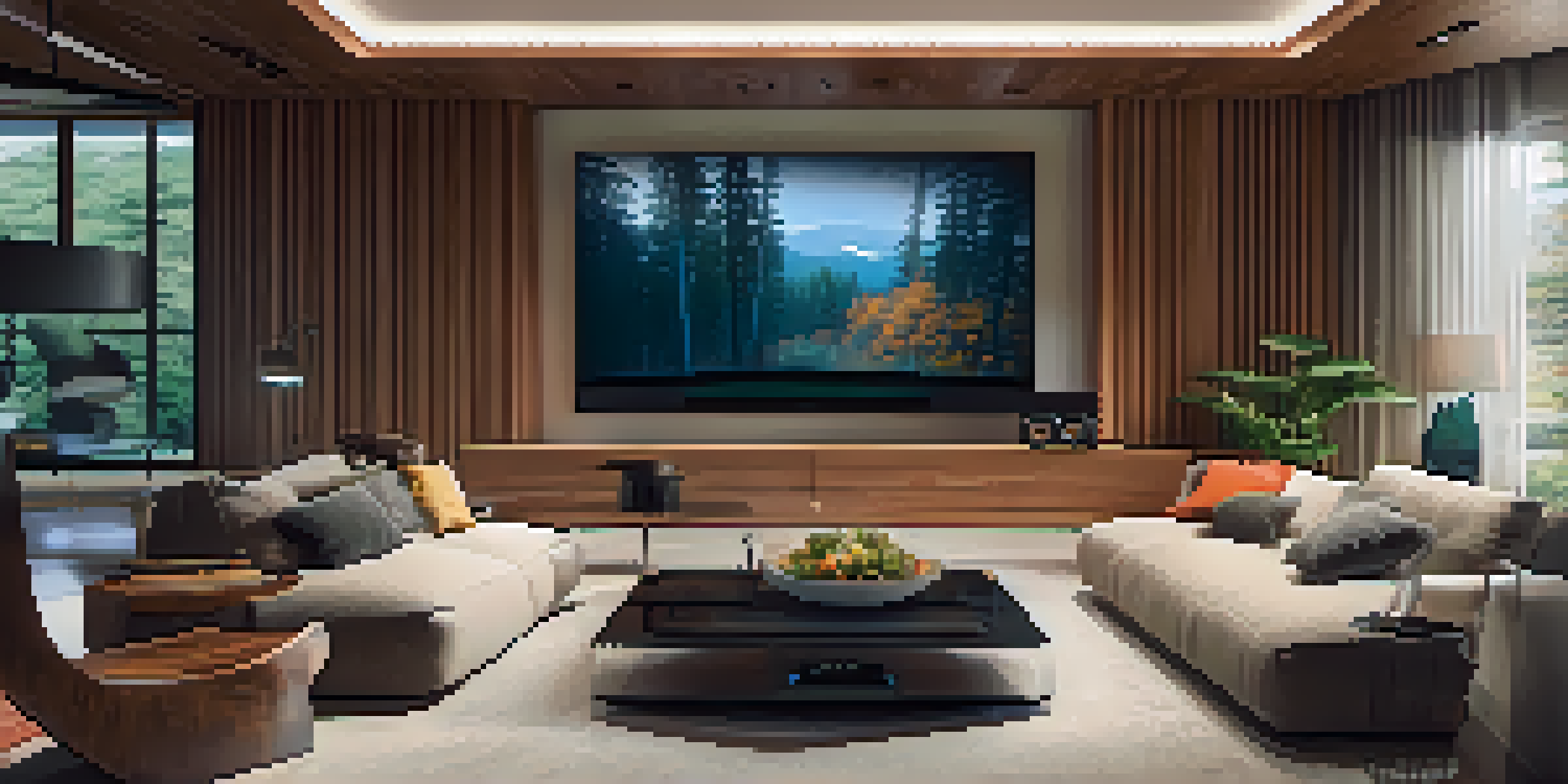 A modern living room with a large screen showing a nature documentary, ambient lighting, and cozy seating.