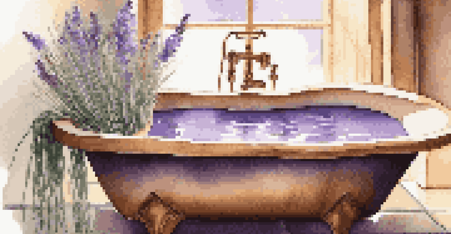 A close-up of a wooden bathtub filled with warm water, lavender, and Epsom salts, illuminated by candlelight for a soothing effect.