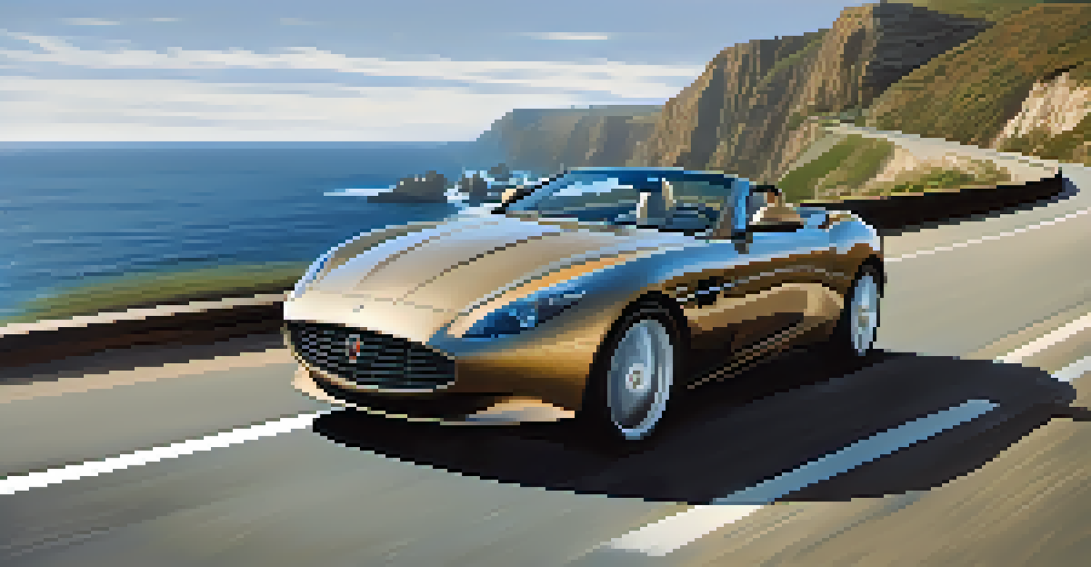 A luxury car speeding along a picturesque coastal road with cliffs and ocean views.