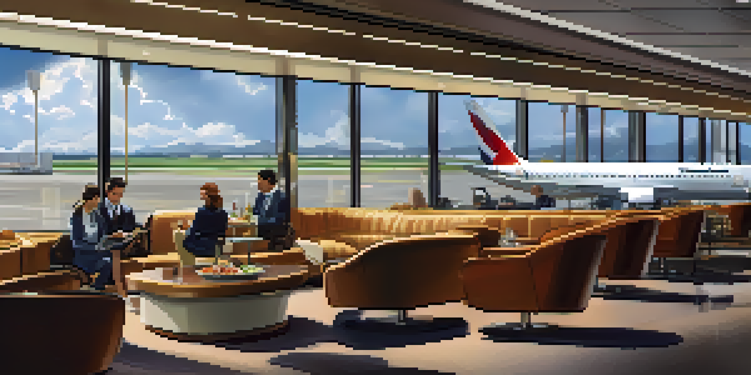 An interior of a luxurious airport lounge with comfortable seating, ambient lighting, and travelers enjoying snacks and drinks.