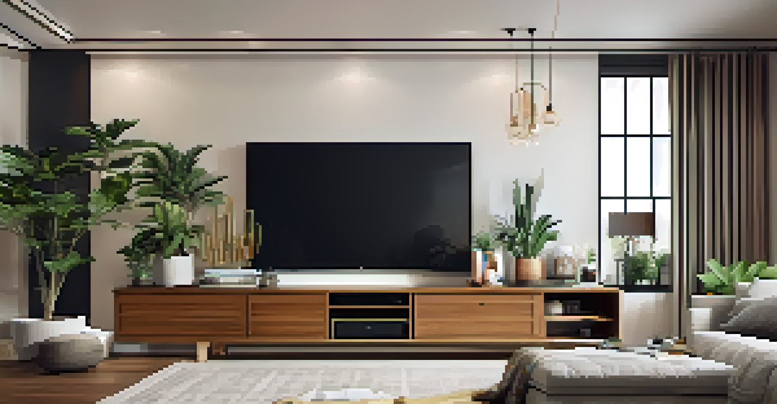A stylish entertainment center with a television, decorative items, and warm accent lighting.